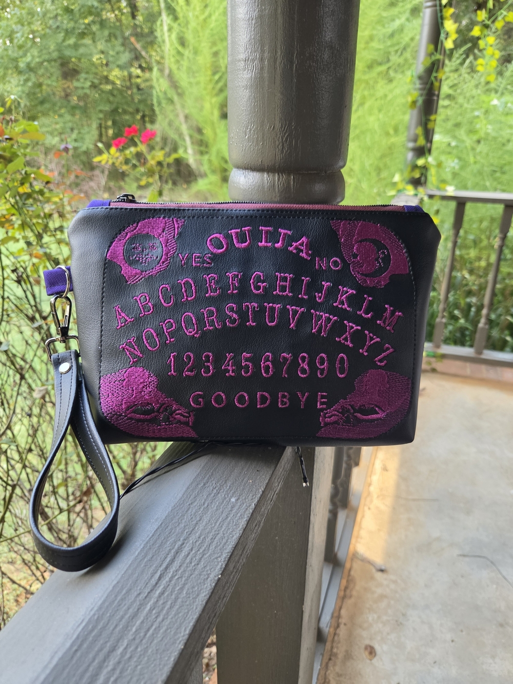 Ouija Embroidered Wristlet Cosmetic Pouch - Black with Fuchsia